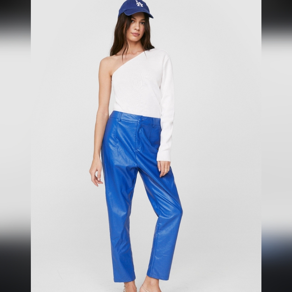 NWT Nasty Gal Royal Blue Vegan Leather Tapered High Waist Pants Trousers 4